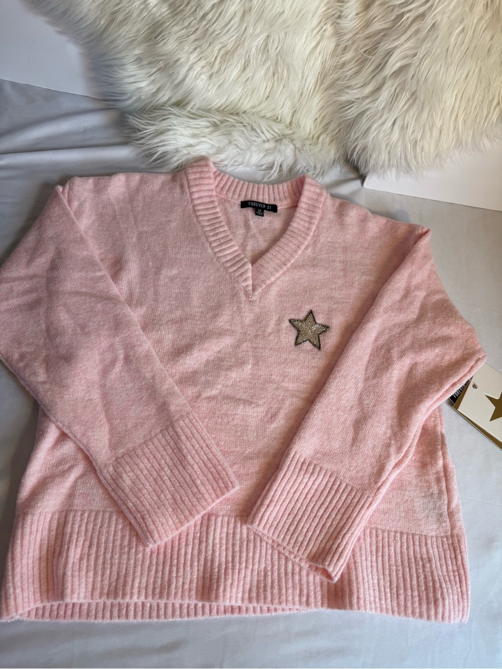 Corey Lynn Calter Blush Pink V-Neck Sweater with Star Patch